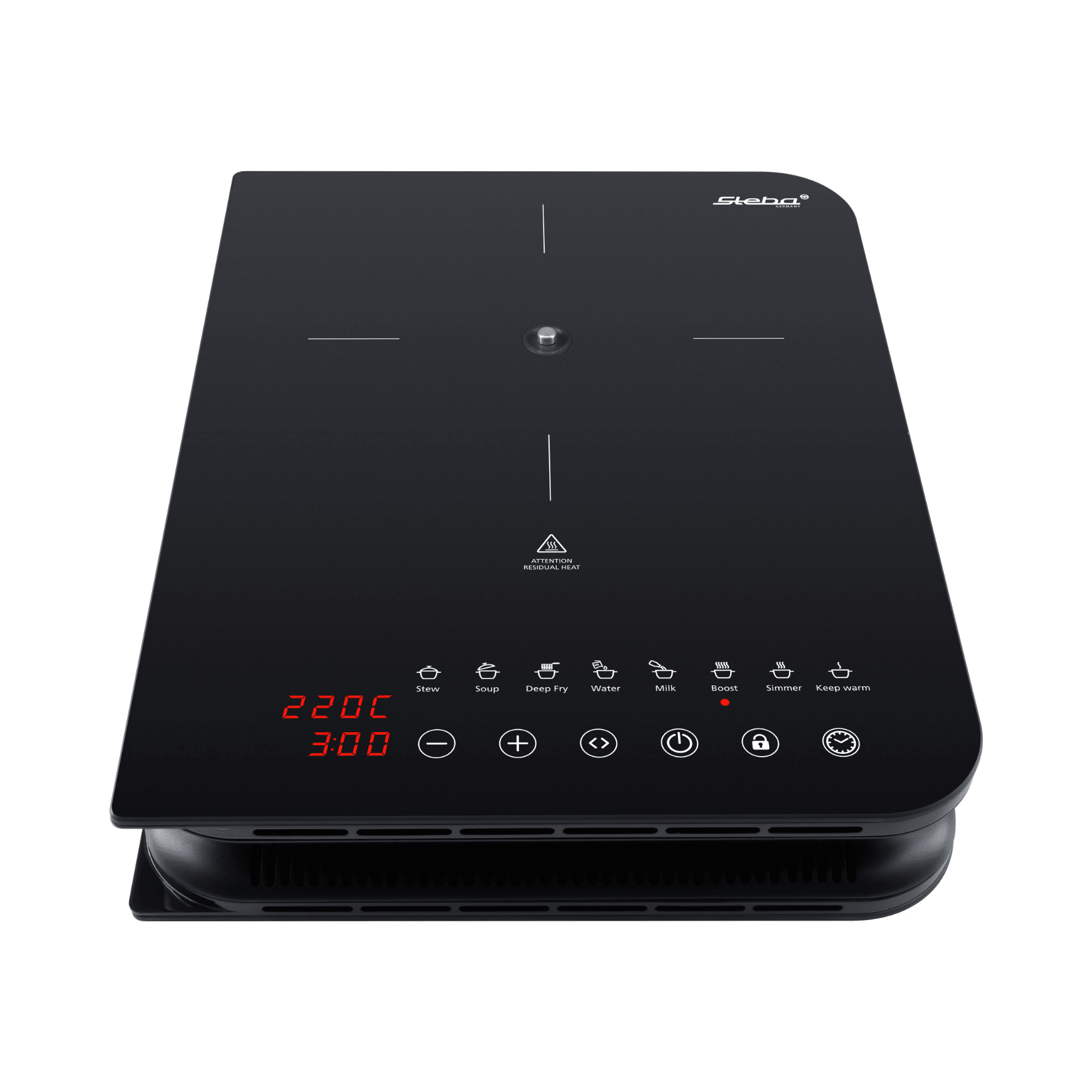 Induktionskochfeld von Steba mit digitalem Display, Temperaturregelung bis 220 °C und verschiedenen Kochprogrammen.