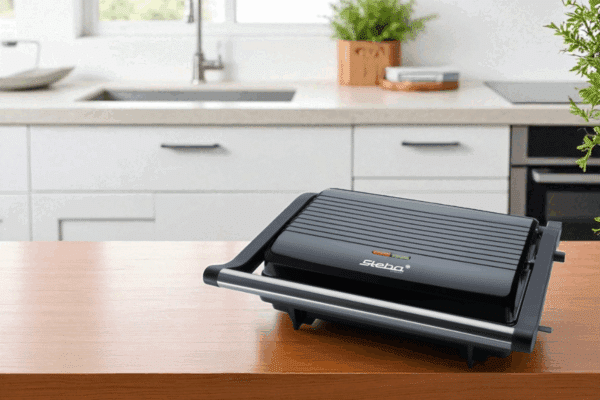 Kontaktgrill FG 10 GRILLINO von Steba auf einem Holztisch, ideal für Grillen und Sandwiches. Modernes Design, kompakt und funktional.