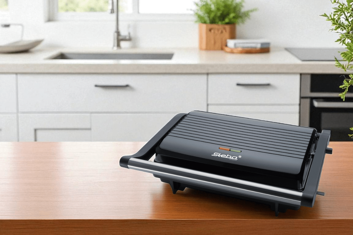Kontaktgrill FG 10 GRILLINO von Steba auf einem Holztisch, ideal für Grillen und Sandwiches. Modernes Design, kompakt und funktional.