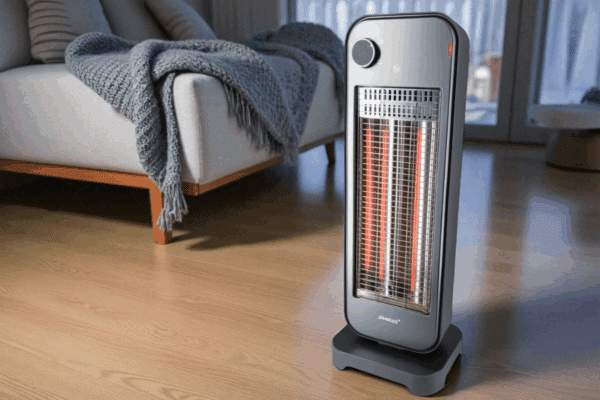 Carbon-Heizstrahler CH 2 ECO in modernem Design, mit sichtbaren Infrarot-Röhren und einem stabilen Standfuß.