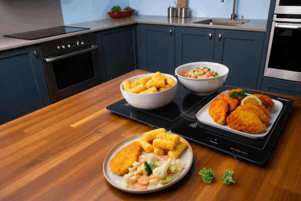 Warmhalteplatte WP 300 mit 2 Modulen auf einer Holz-Kücheninsel, hält frisch zubereitetes Essen warm. Moderne schwarze Küche im Hintergrund, ideal für Küchenzubehör, Warmhalten von Speisen und Kücheninseln.