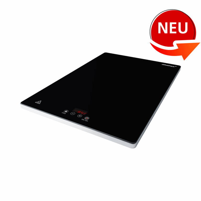 Schwarze Warmhalteplatte von Steba mit digitaler Anzeige und Bedientasten. Neueste Technik, elegantes Design.
