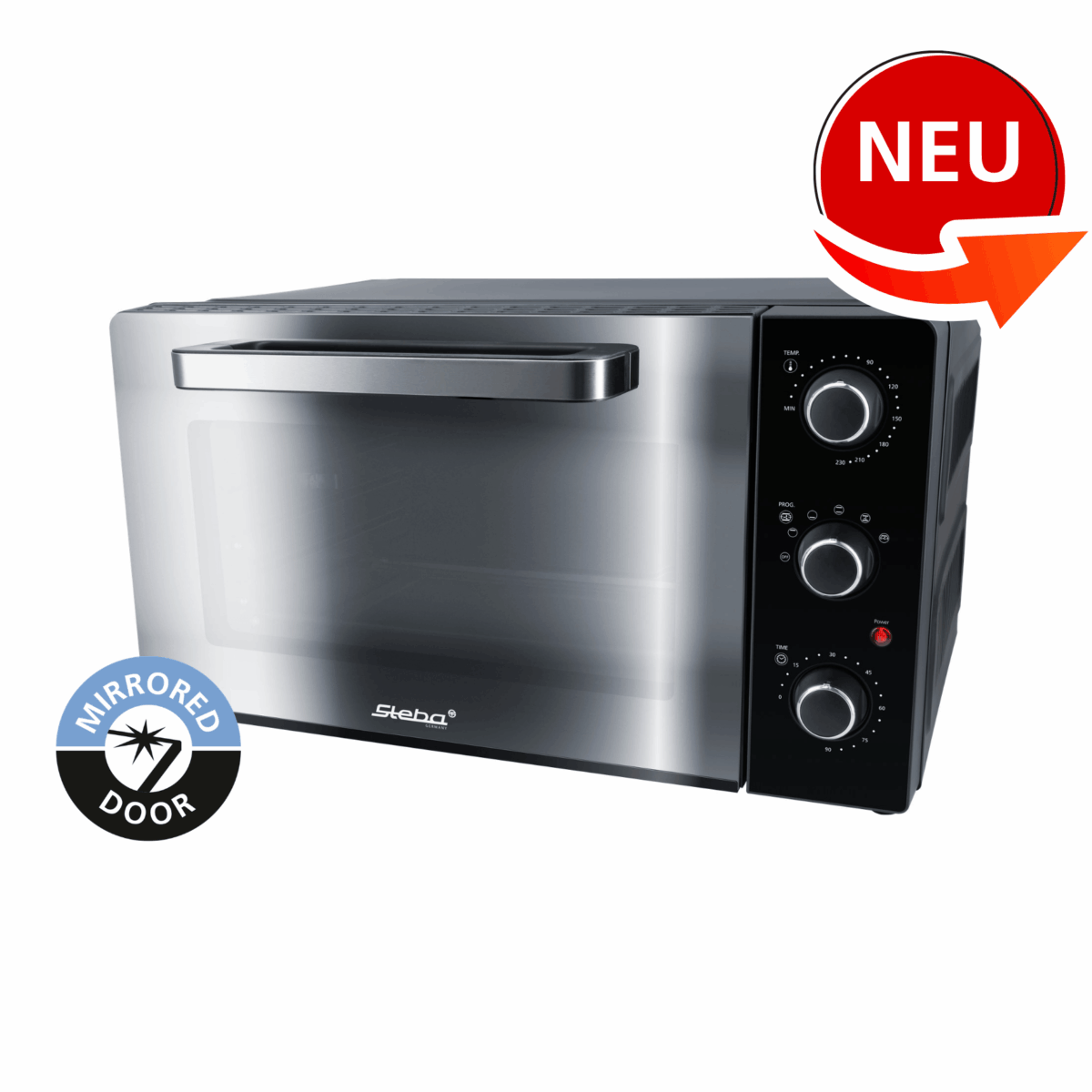 Grillbackofen von Steba mit verspiegelter Tür und analogen Reglern für Temperatur, Zeit und Funktion. Neuheit im Design.