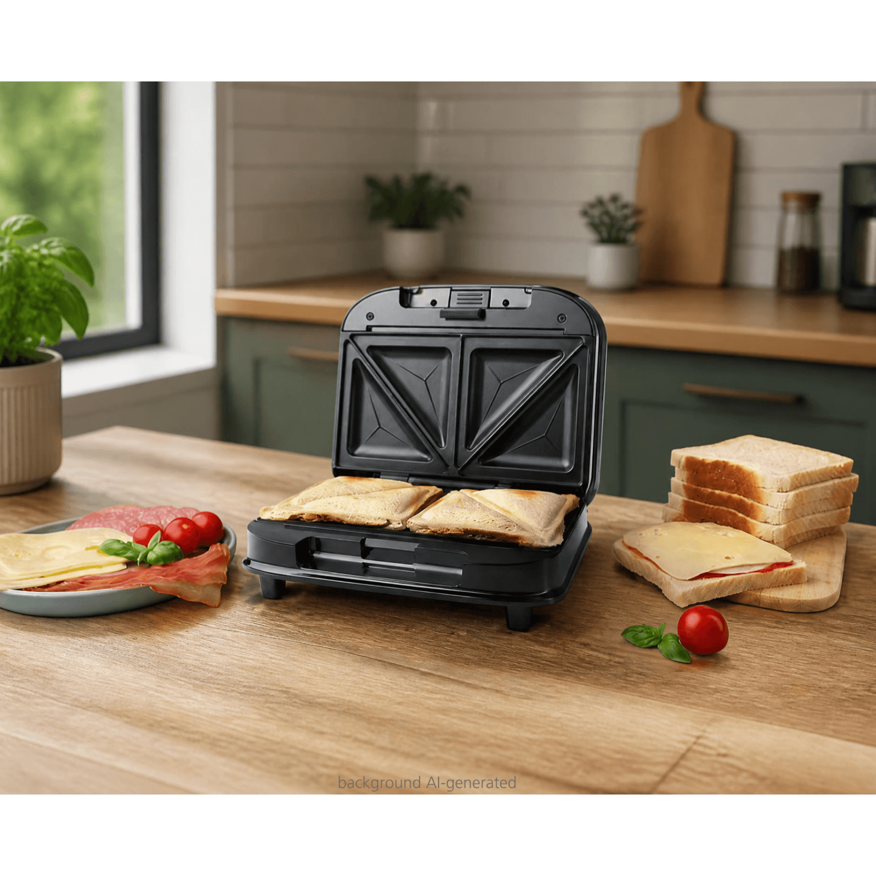 Schwarzer Sandwichmaker von Steba mit zwei Fächern, gefüllt mit Sandwiches, daneben frisches Gemüse und Toastscheiben.