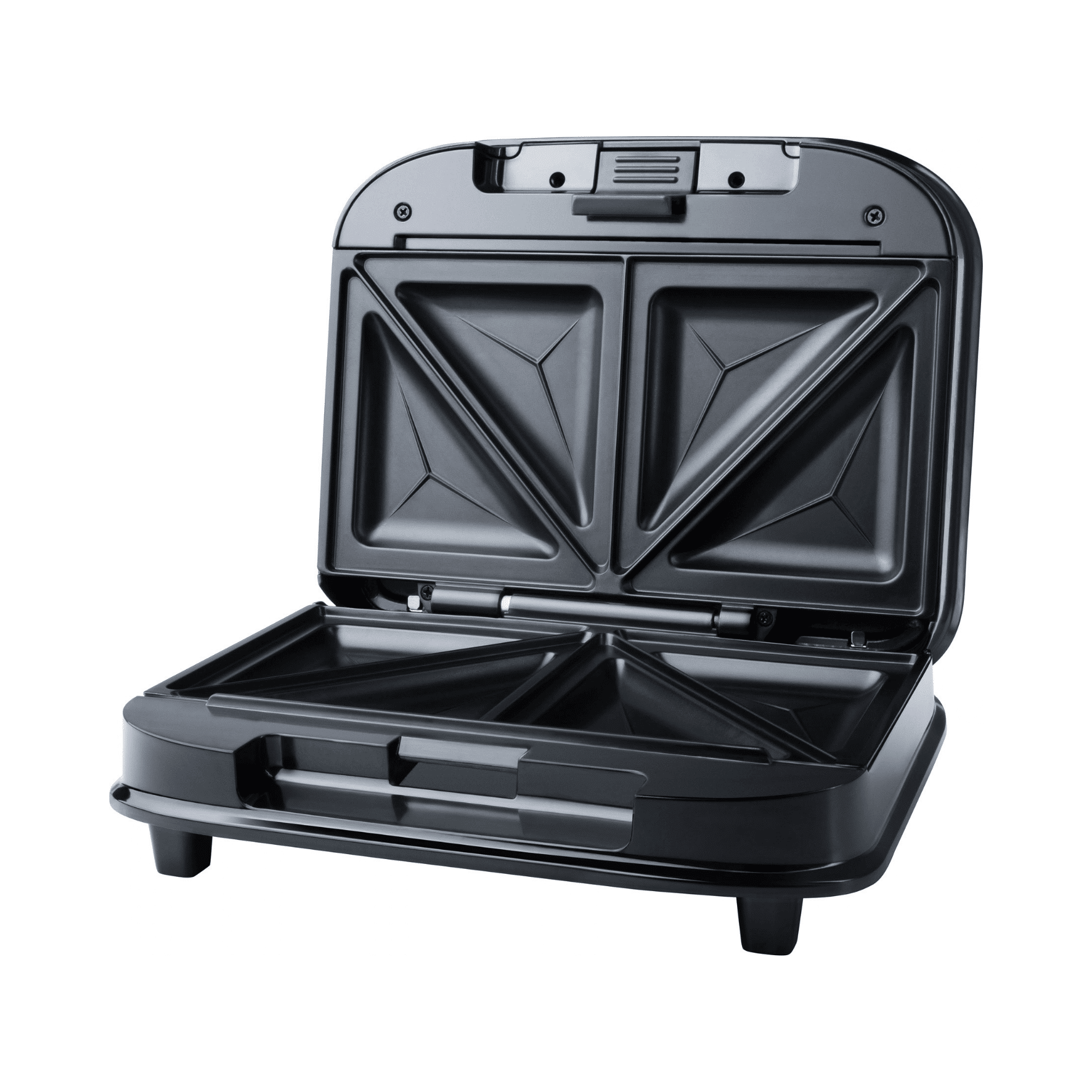 Sandwichmaker SG25 von Steba, offen mit zwei Kammereinsätzen für Sandwiches. Schwarz, kompakte Bauweise.