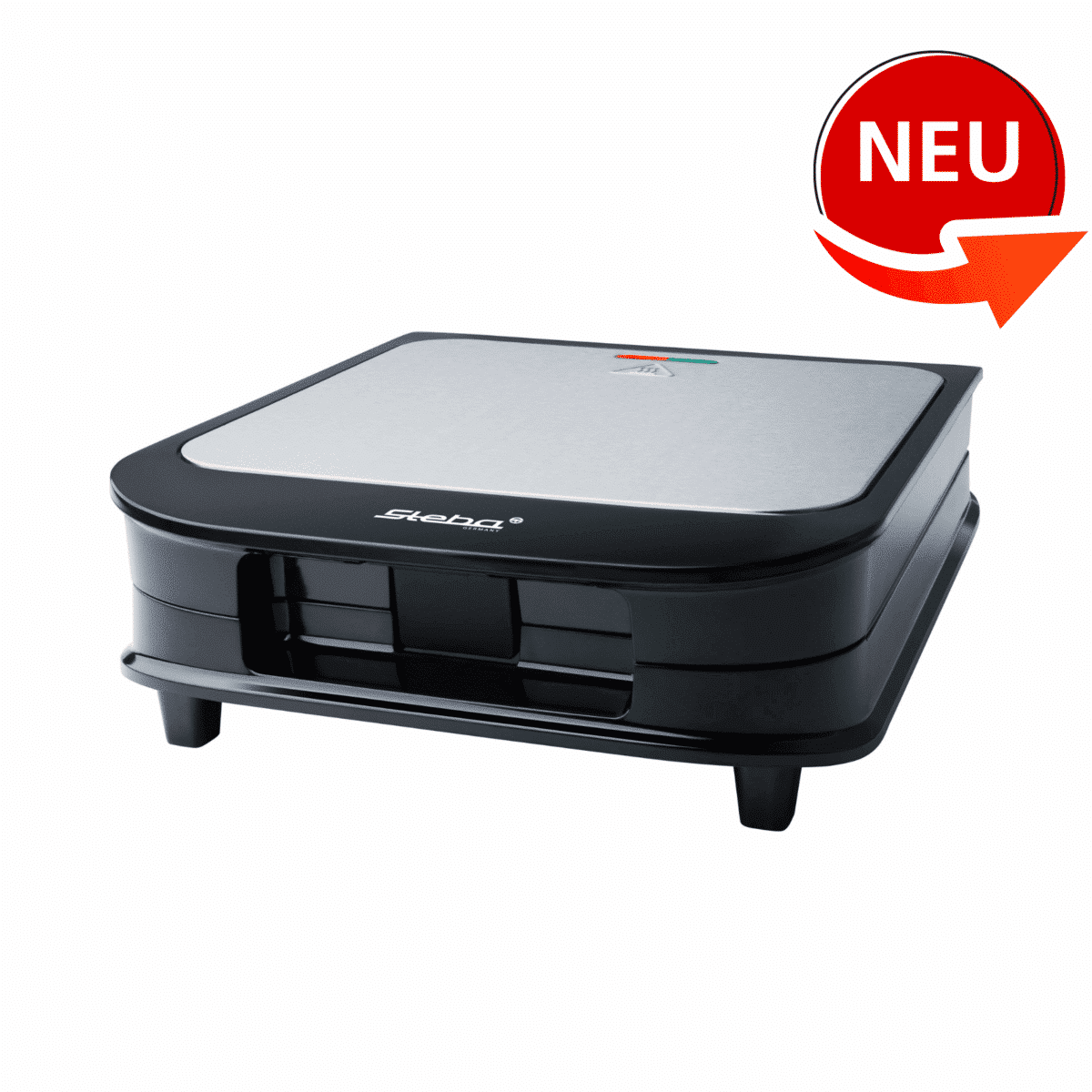 Sandwichmaker von Steba mit Edelstahl-Oberfläche und schwarzem Gehäuse. Neuheit mit modernem Design und benutzerfreundlicher Bedienung.